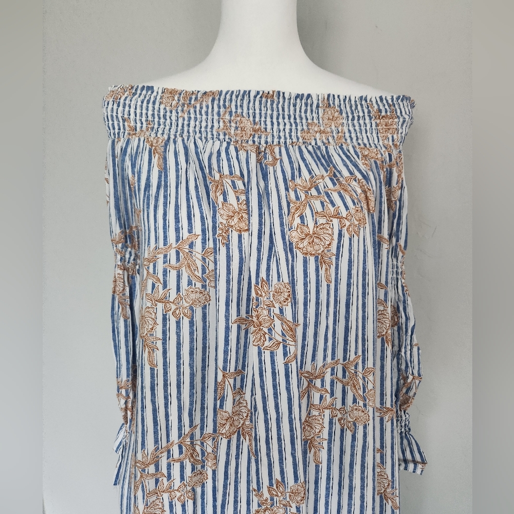 Maverick The Collection Off Shoulder Tunic Dress Ruffle Striped Floral Size S - Picture 2 of 13